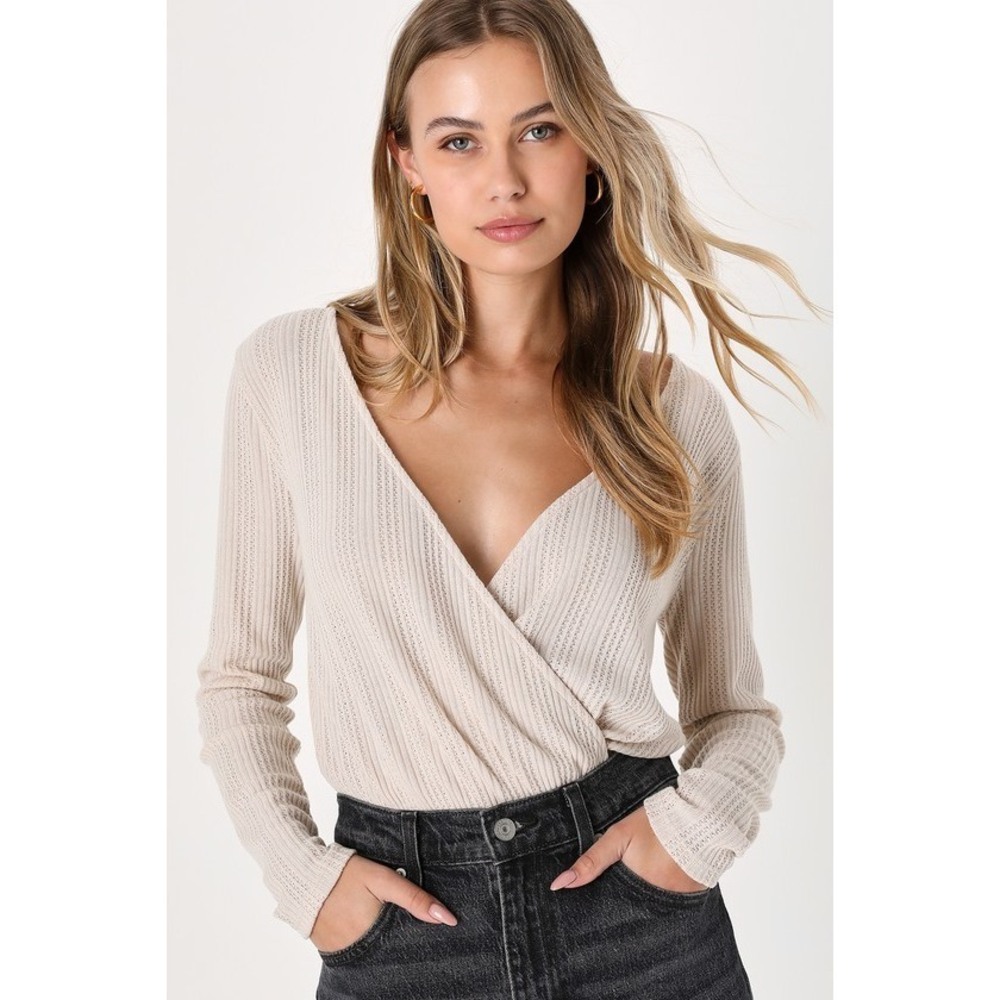 Lulus Adorable Look Beige Pointelle Long Sleeve Bodysuit - Size S